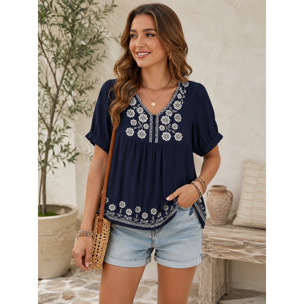 YoYo5 Women's Small Navy Embroidered Cotton Blouse Boho Romantic Babydoll Top